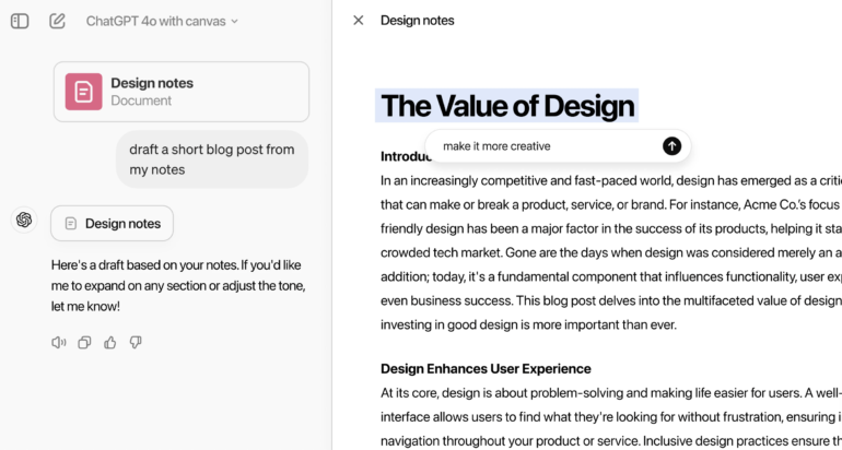 ChatGPT canvas interface drafting a blog post using imported design notes.